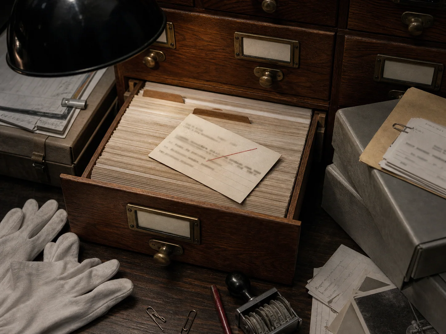 Noir editorial photograph of an open card catalog and archival records