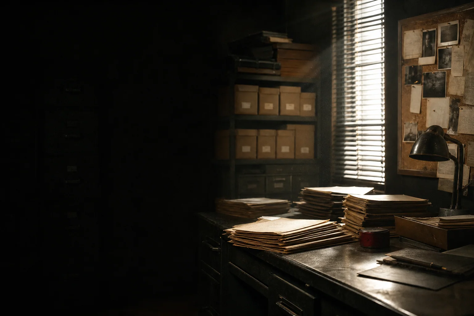 Noir editorial photograph of an archival investigation room